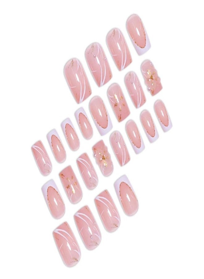 YoYoee Short Square Press on Nails French Fake Nails Acrylic Pearls False Nails Nude Full Cover Nails Tips for Women and Girls 24Pcs - Image 2